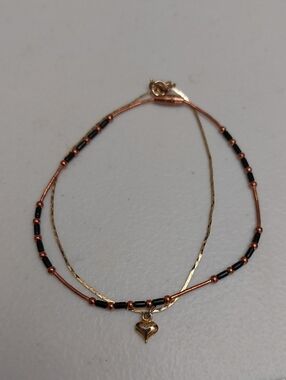 Lot Of 2 Anklet Or Plus Size Bracelet Beaded Copper Tone / Gold Tone Heart Charm